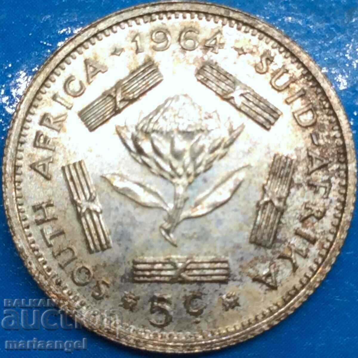 5 цента 1964  Южна Африка UNC PROOF сребро Патина