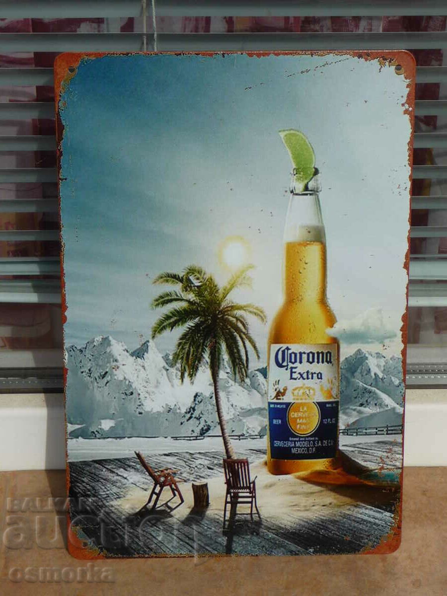 Metal sign beer Corona Extra lemon mountains peaks cloud