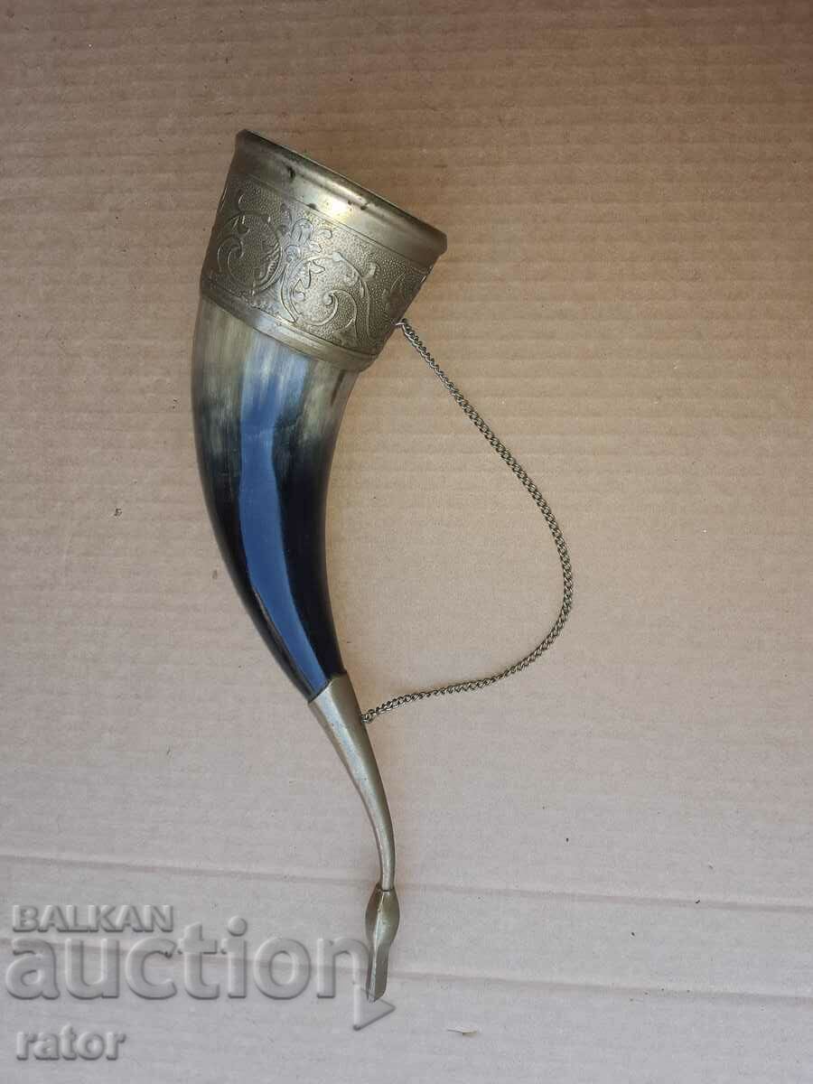 Old horn with metal fittings - cup, powder case, powder case