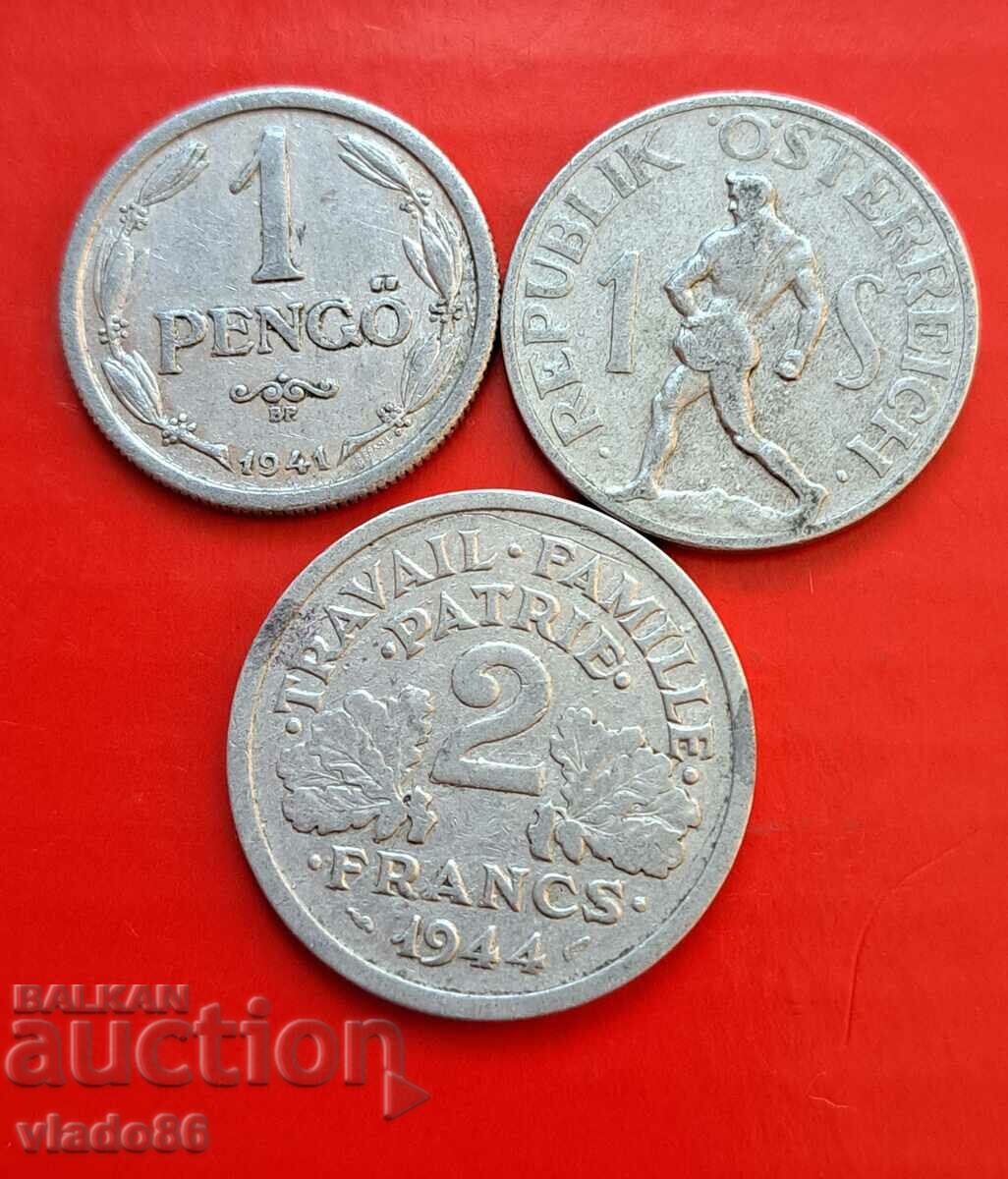 1 shilling 1946, 1 pence 1941, 2 francs 1944