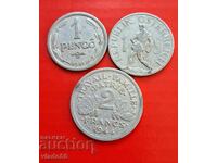 1 shilling 1946, 1 pence 1941, 2 francs 1944