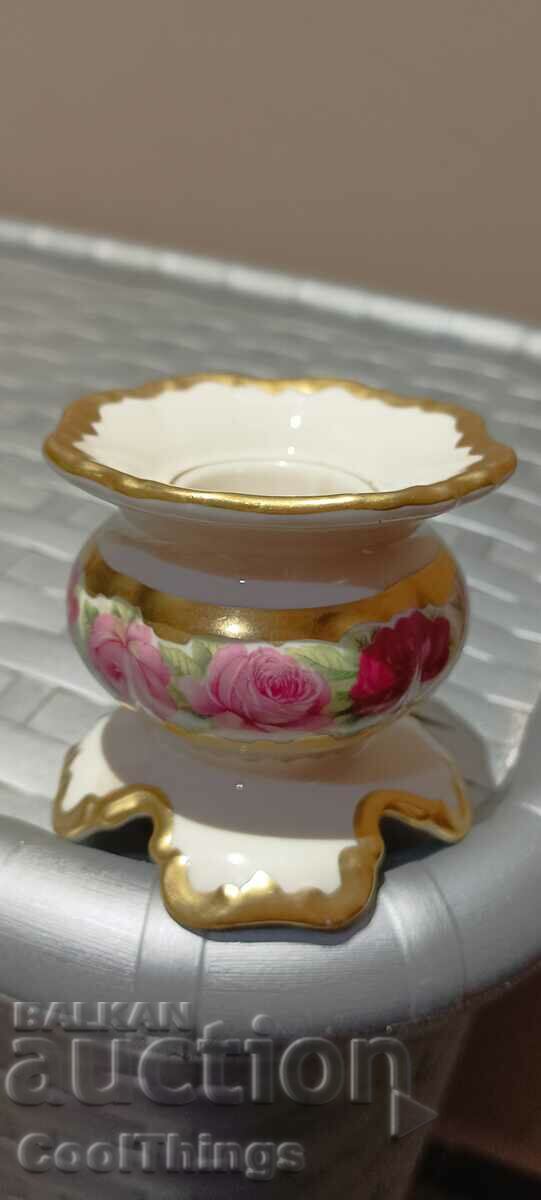 A superb 22 carat gold plated marked porcelain candle holder