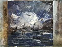 Seascape - Small oil painting - Ship at sea