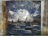 Seascape - Small oil painting - Ship at sea