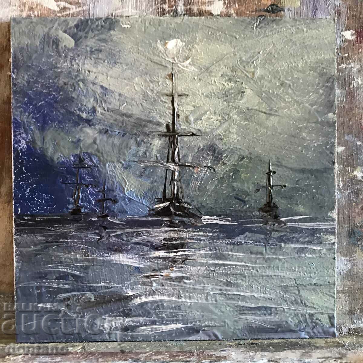 Seascape - Small oil painting - Ship at sea