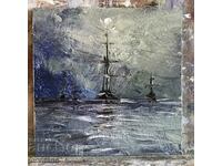 Seascape - Small oil painting - Ship at sea