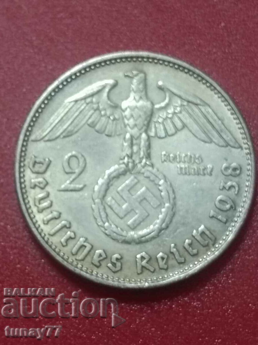 MONEDA DE ARGINT 2 Marks Reichs 1938 Argint Germania nazistă