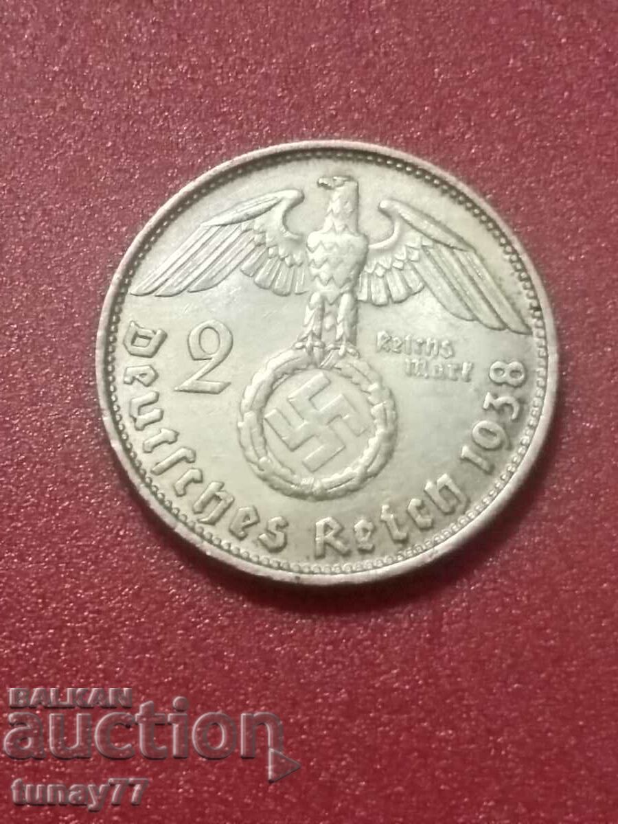 MONEDA DE ARGINT 2 Marks Reichs 1938 Argint Germania nazistă