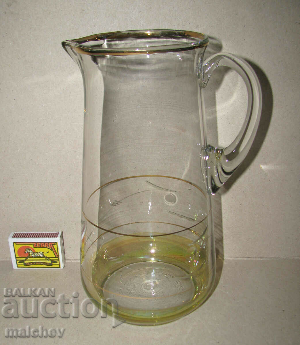 Glass jug 23 cm hand engraved 1960s gilding preserved