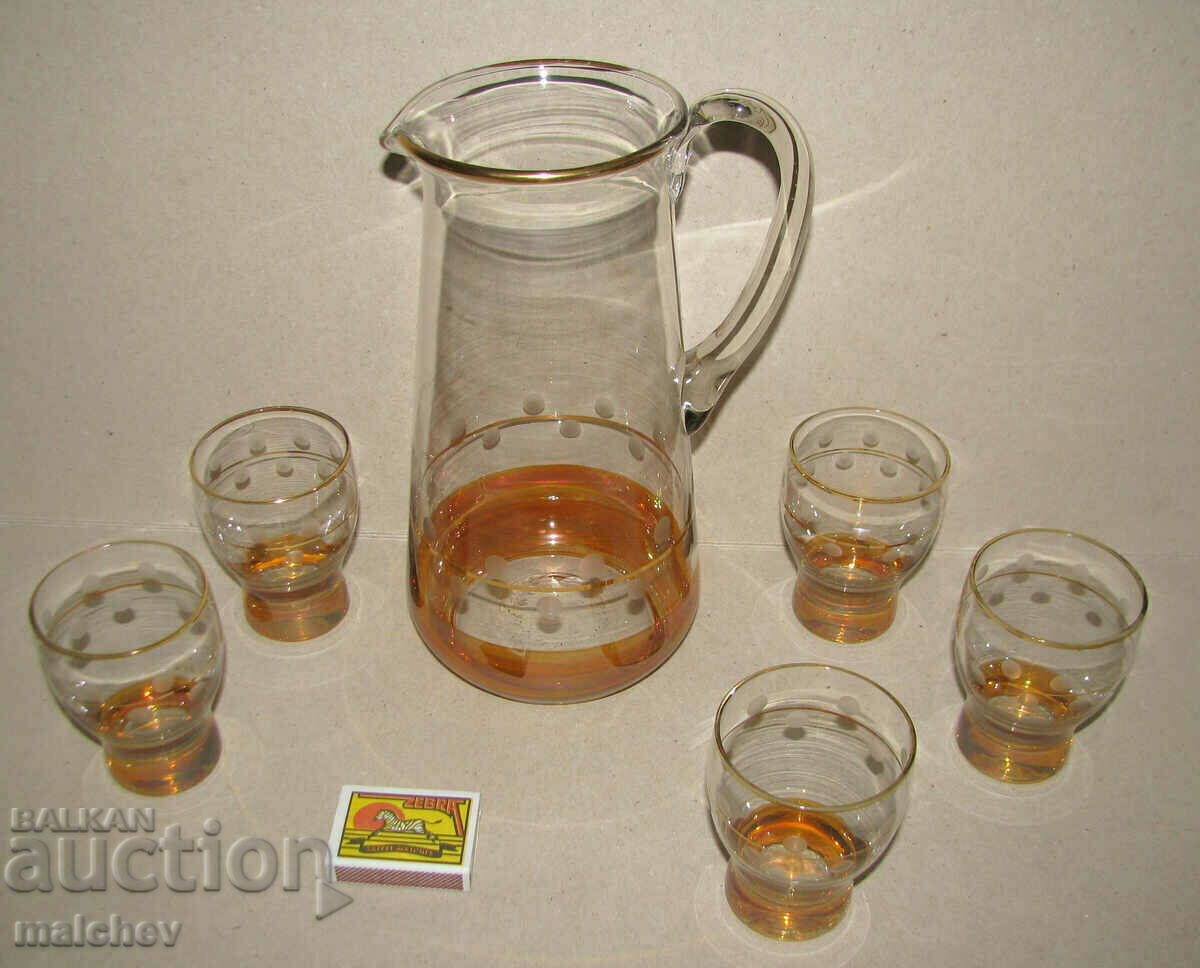 Set: jug 24cm 5 cups, hand engraved 1960s excellent