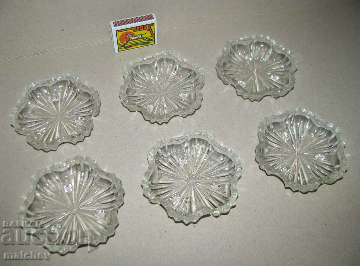 Set of 6 old glass jam saucers, excellent