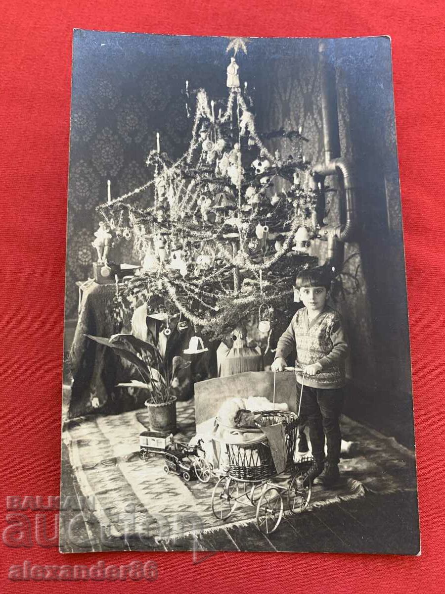 Christmas tree child with toys old photo