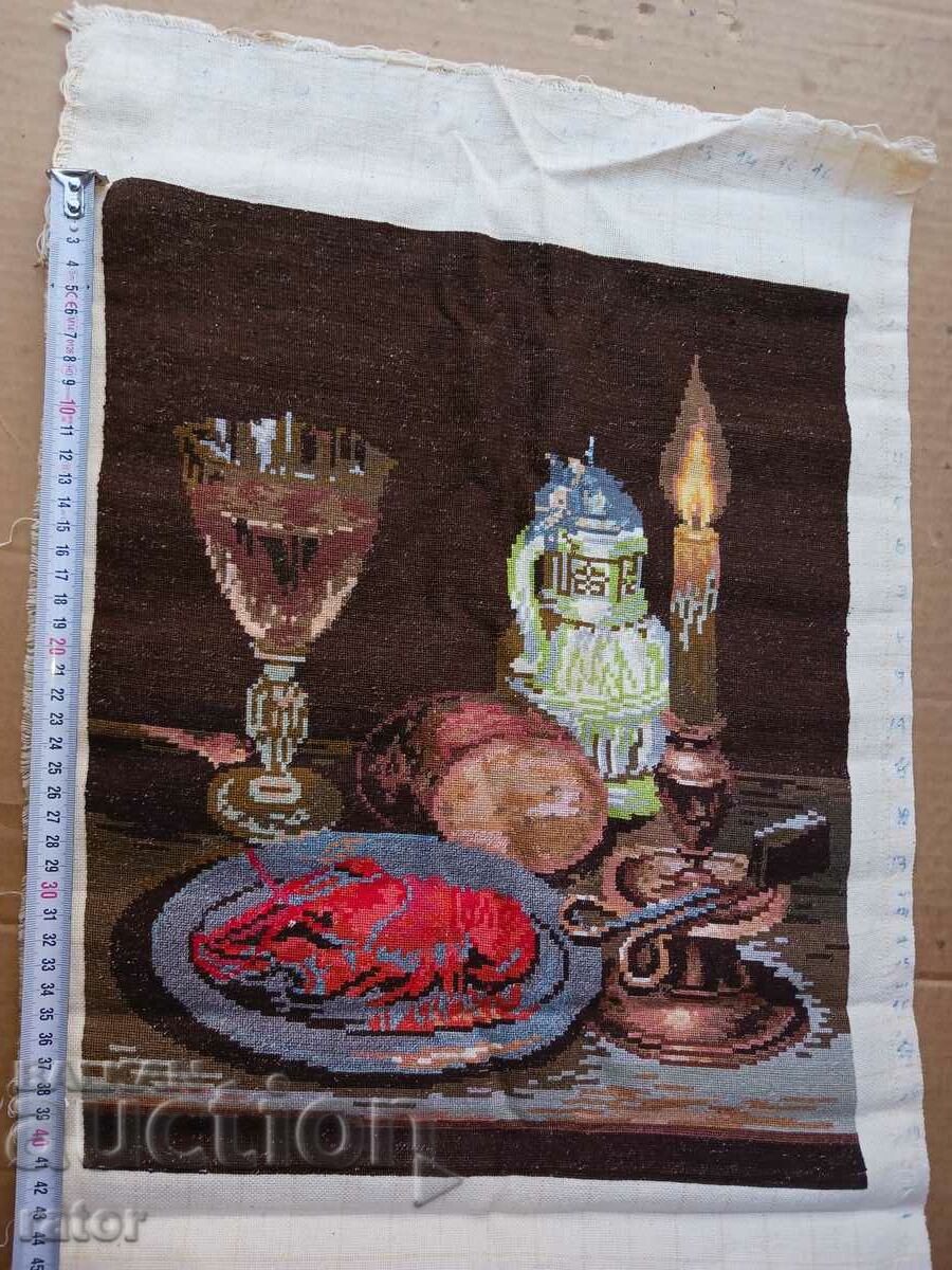 Old hand-sewn tapestry - Still life with crab, lobster