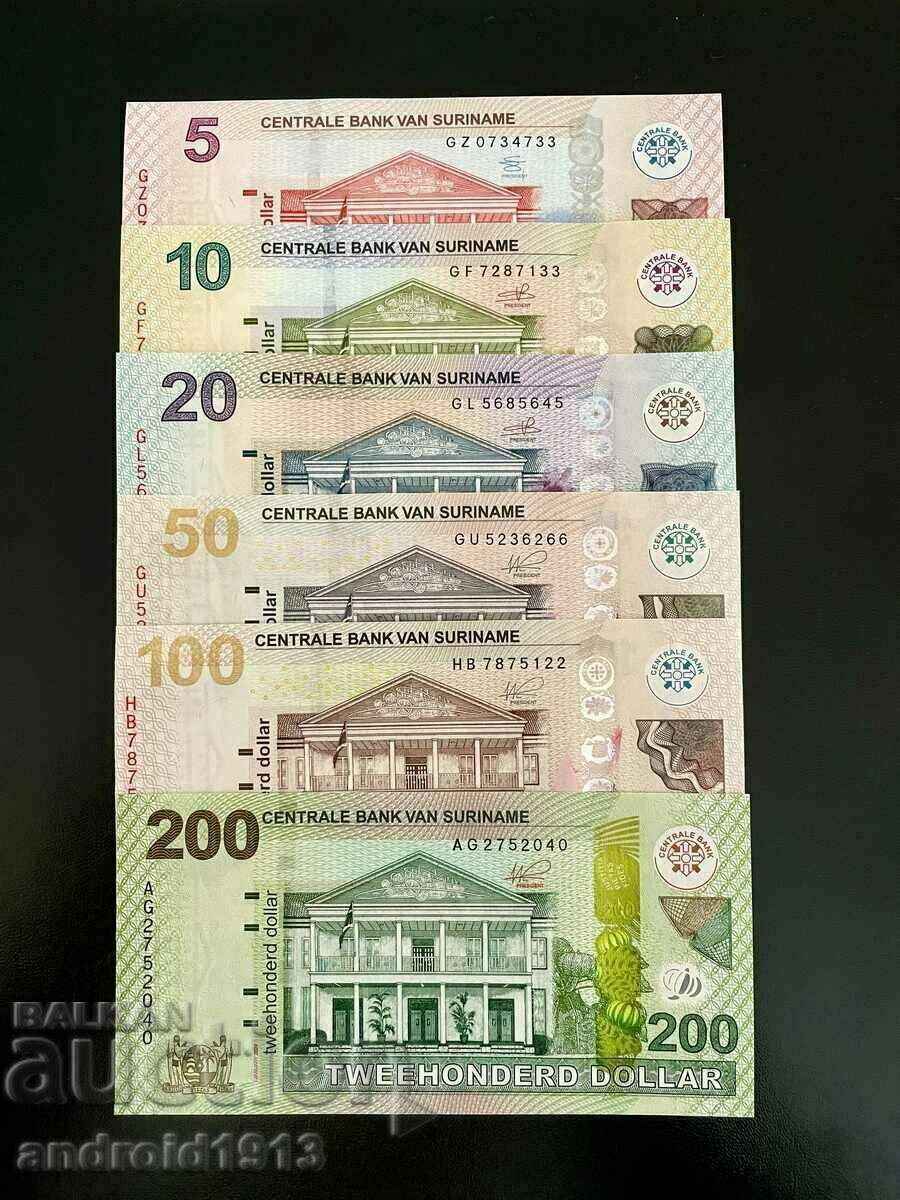 SURINAME - 6 bancnote (5,10,20,50,100,200) set 2010-2024, UNC