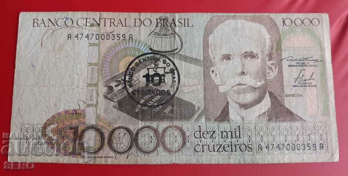 Retipărire bancnotă-Brazilia-10 cruzados pe 10000 cruz.