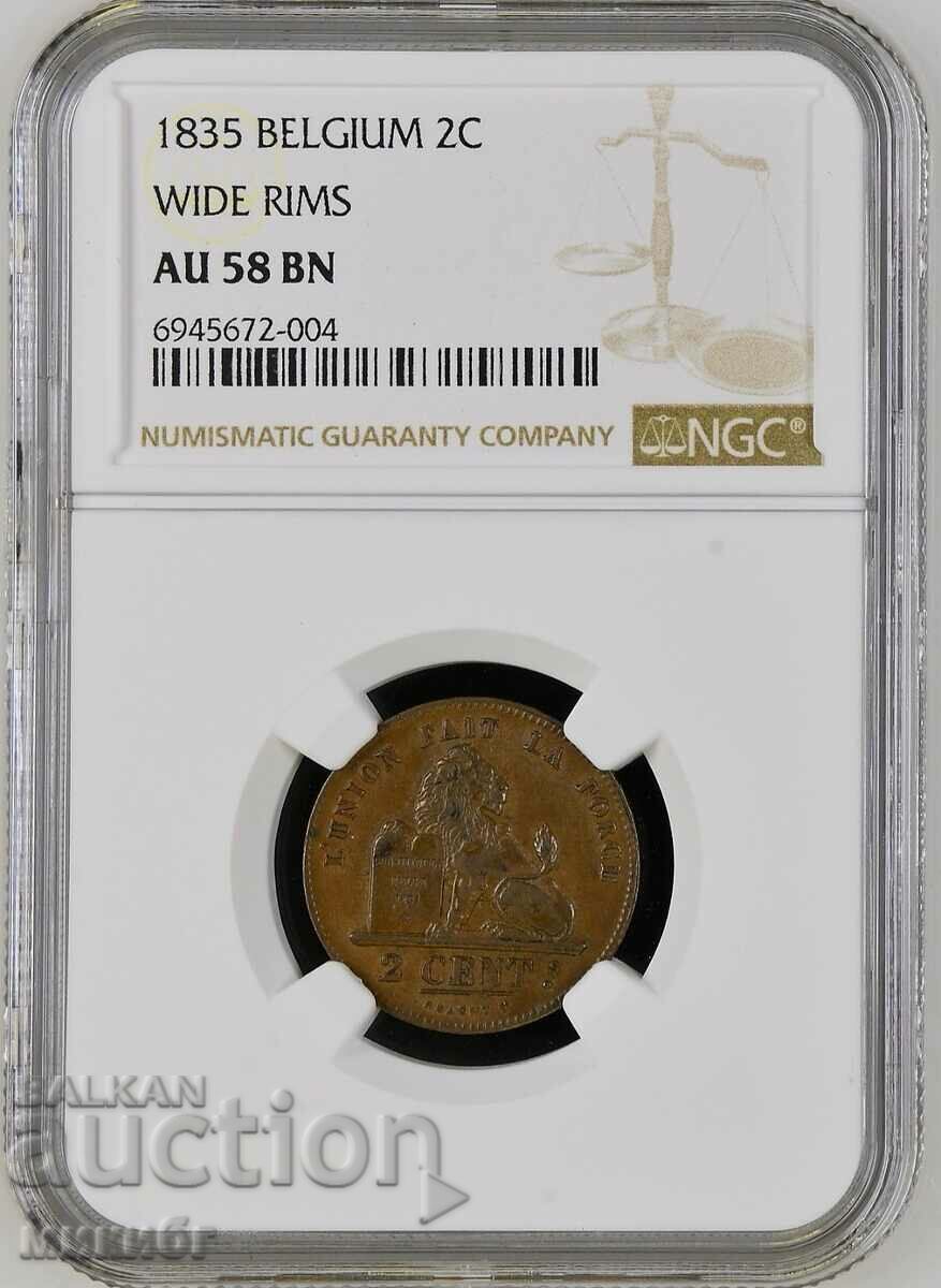 2 Centime 1835 Belgia AU58 NGC