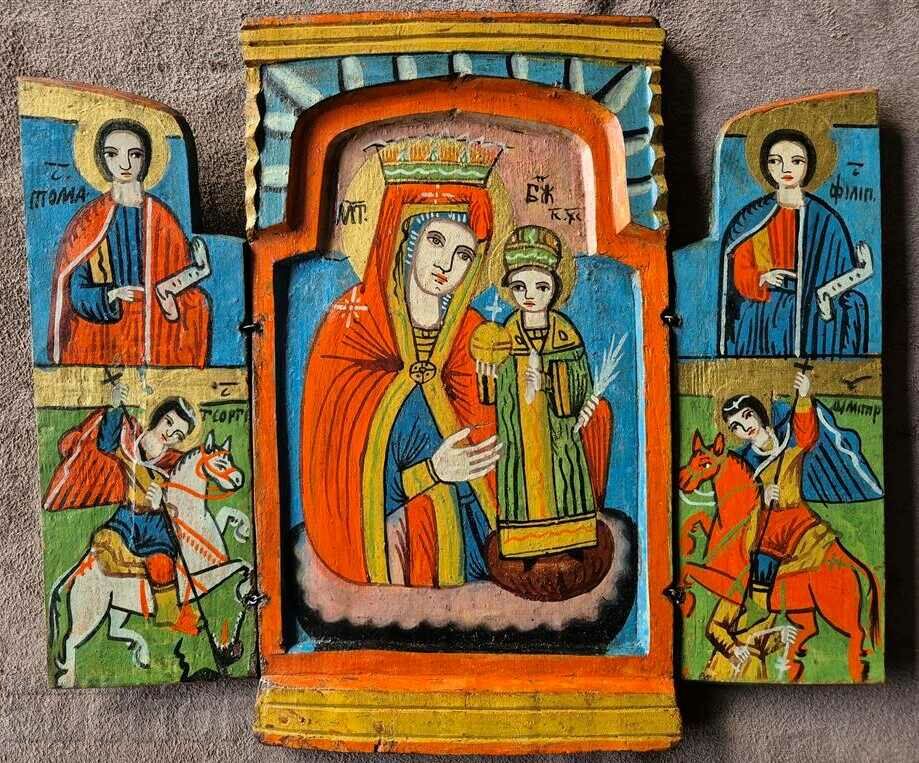 Revival Home Icon Triptych Perfect πρωτότυπο του 19ου αιώνα