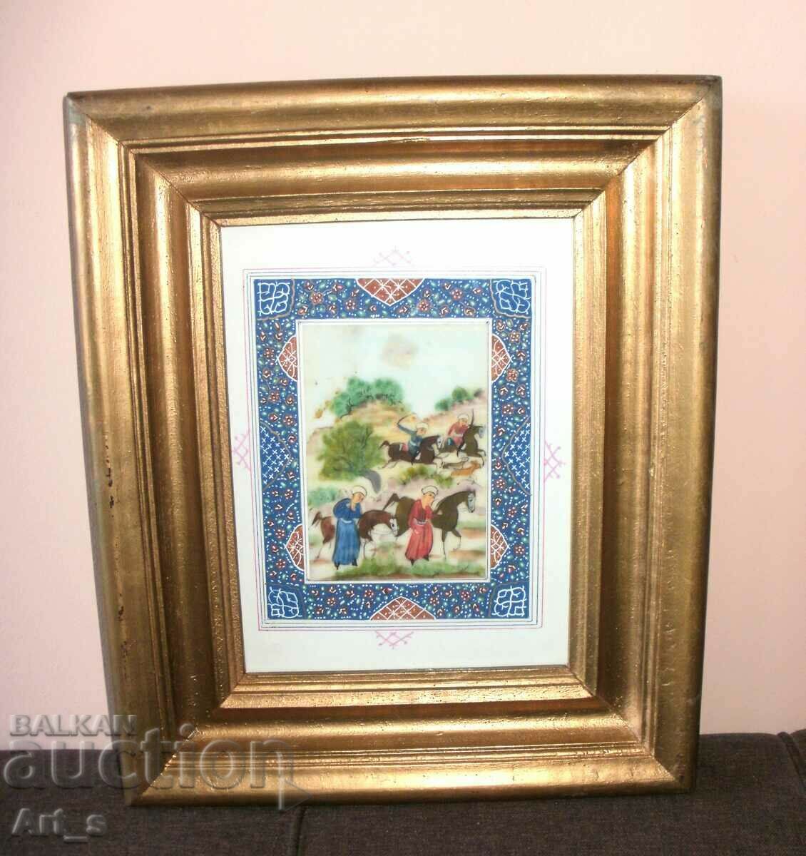 Asian/Persian watercolor painting of men and horses in a frame