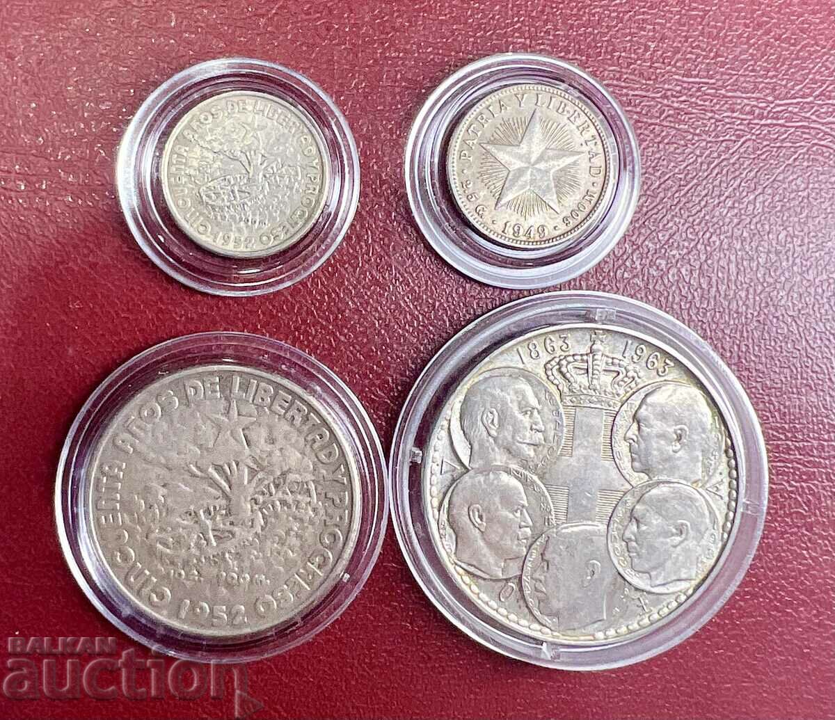 Lot of 4 Silver Coins 30 Drachmas 1963, Cuban Centavos 1949