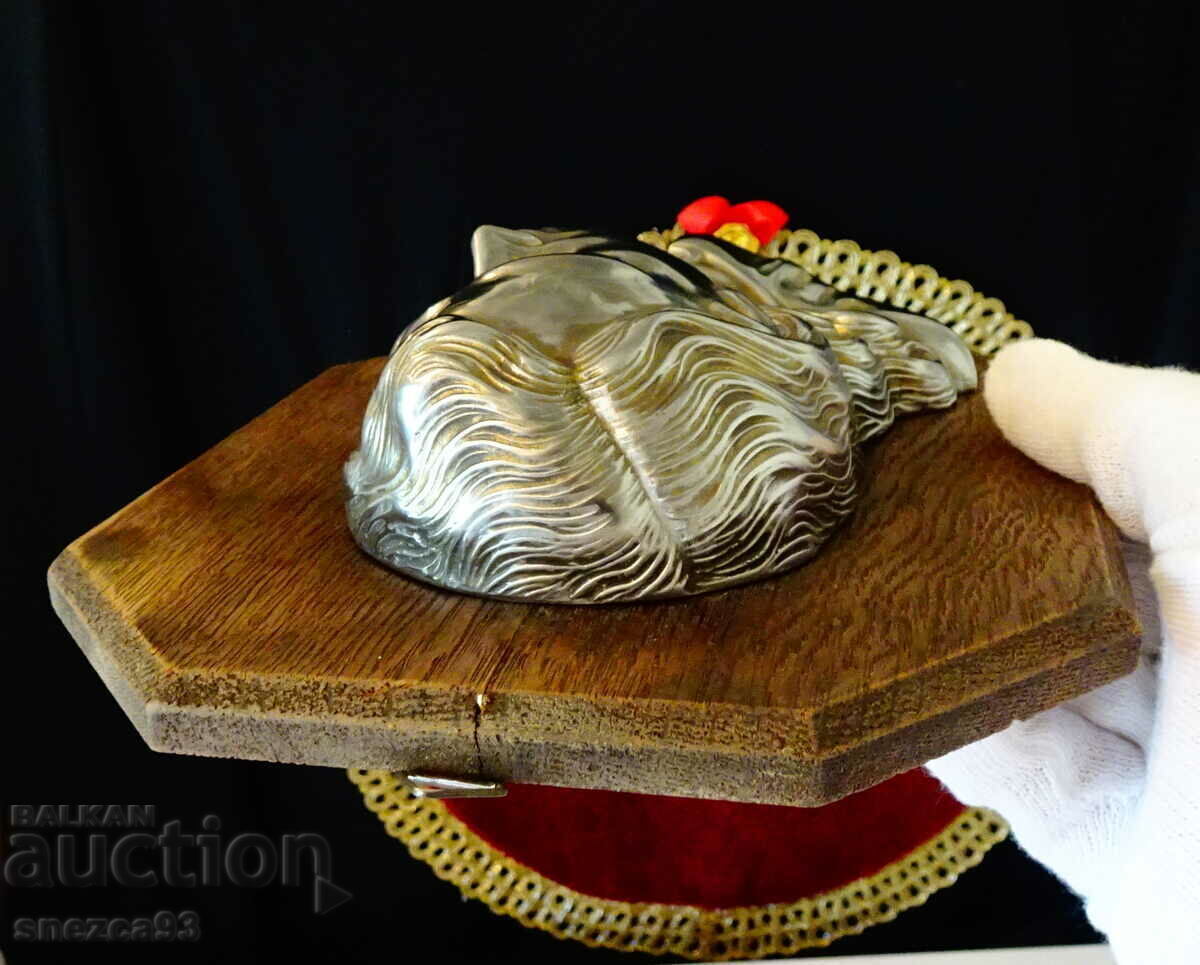 Sculptură, icoană Iisus din zinc, bază de lemn - 5