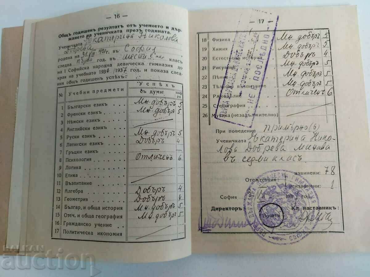 Delivery of . 1936 SOFIA NATIONAL GIRLS' HIGH SCHOOL RESULT BOOKLET Delivery of . 1936 SOFIA NATIONAL GIRLS' HIGH SCHOOL RESULT BOOKLET