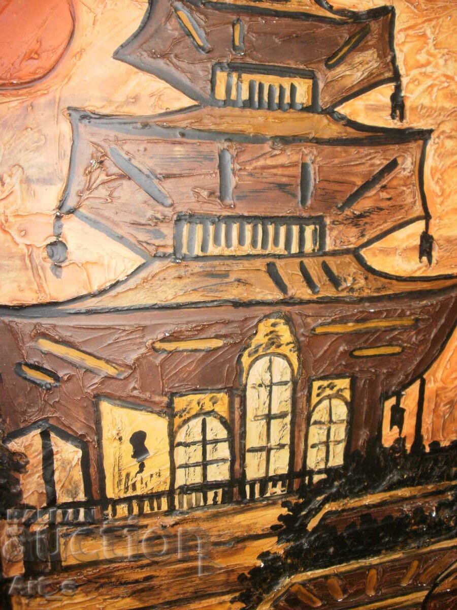 Auction Pagoda - Asian oil painting in frame Auction Pagoda - Asian oil painting in frame