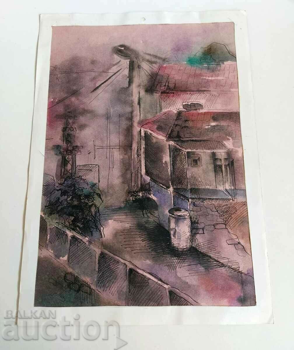 PICTURĂ VECHE, TABLOU, PEISAJ, CASĂ, STRADĂ VECHE