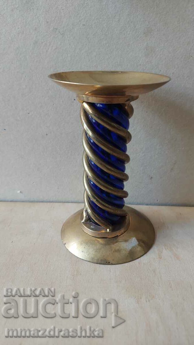 Candlestick brass and blue glass