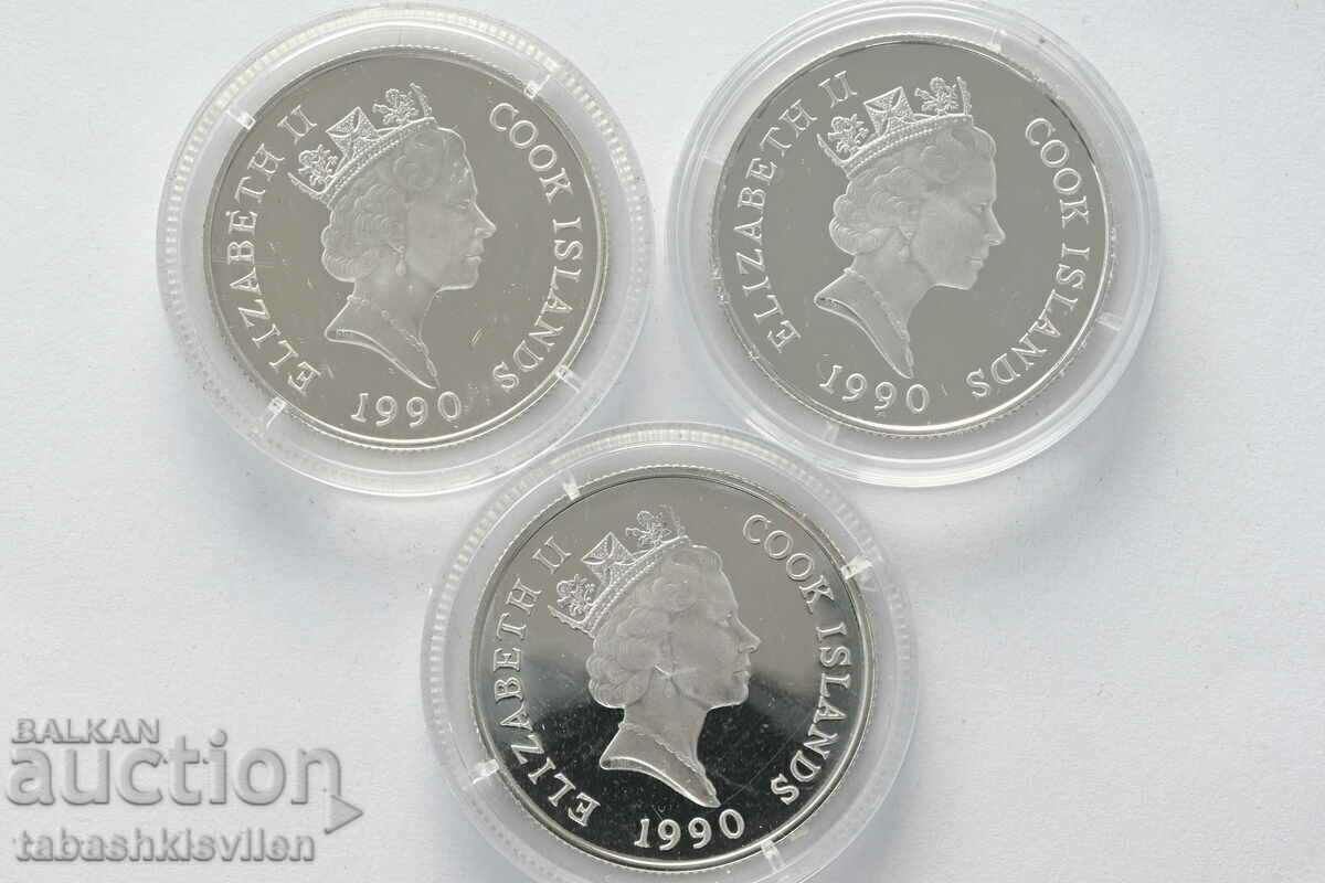 3 Cook Islands Silver Coins 10 Dollars 1990 3 Cook Islands Silver Coins 10 Dollars 1990