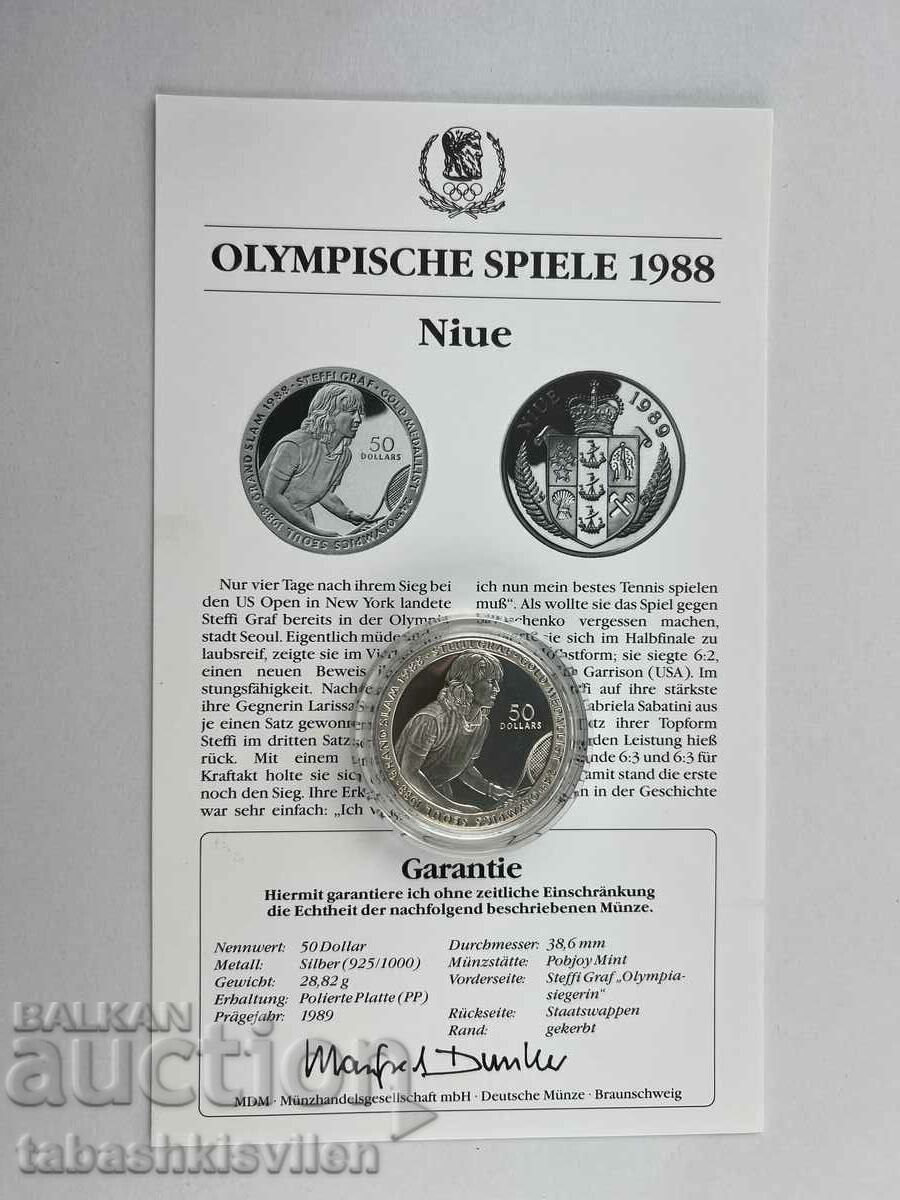 Auction Niue Islands 50 Dollars 1989 Steffi Graf Tennis 28.28g .925 Auction Niue Islands 50 Dollars 1989 Steffi Graf Tennis 28.28g .925