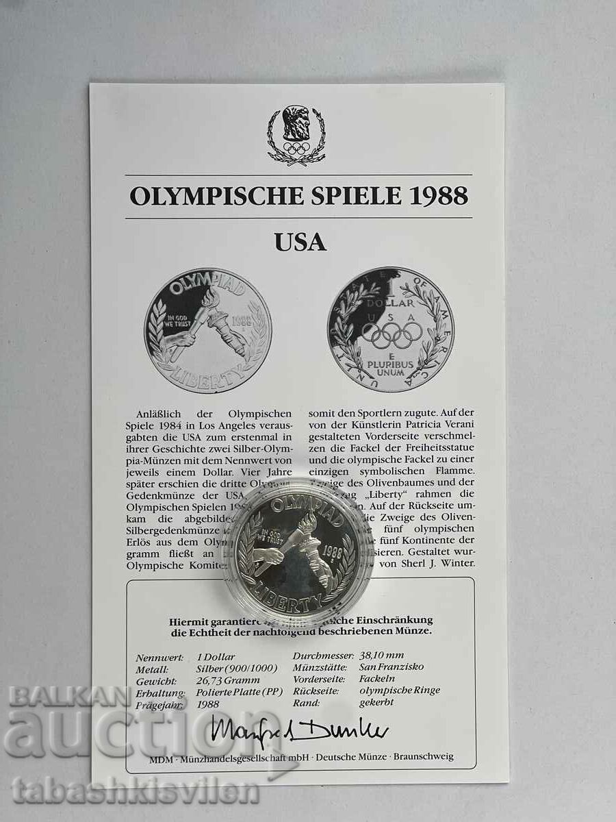 Auction USA 1 Dollar 1988 Silver Coin Certificate 26.73g 900 Auction USA 1 Dollar 1988 Silver Coin Certificate 26.73g 900