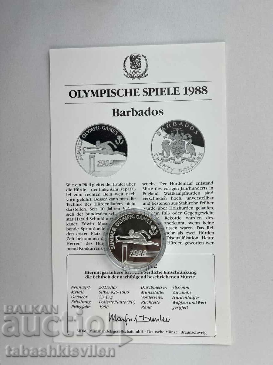 Δημοπρασία Μπαρμπάντος 20 δολάρια Ολυμπιακοί Αγώνες 1988, 23,33 g ασήμι 925