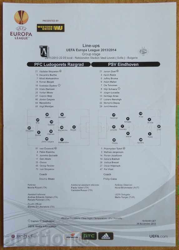 Football team sheet Ludogorets-PSV, Europa League - 2013