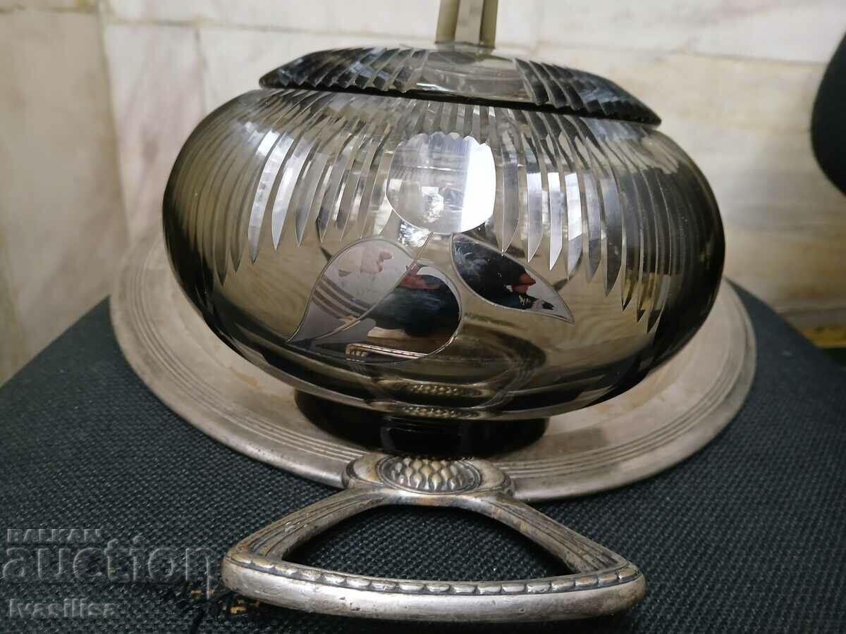 Antique luxury glass bonbonniere with metal inlays Antique luxury glass bonbonniere with metal inlays