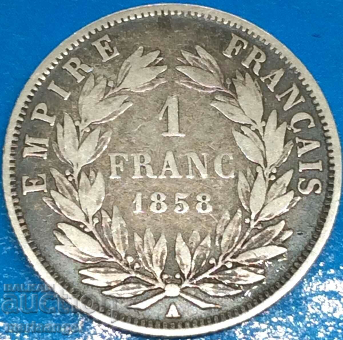 France 1 Franc 1858 Napoleon III Silver Patina - Rare