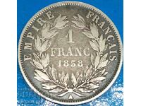 Franța 1 Franc 1858 Napoleon III Patină de argint - Rar