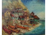 Painting "Kavarna, the fishing village", artist I. Stoev, 1980s