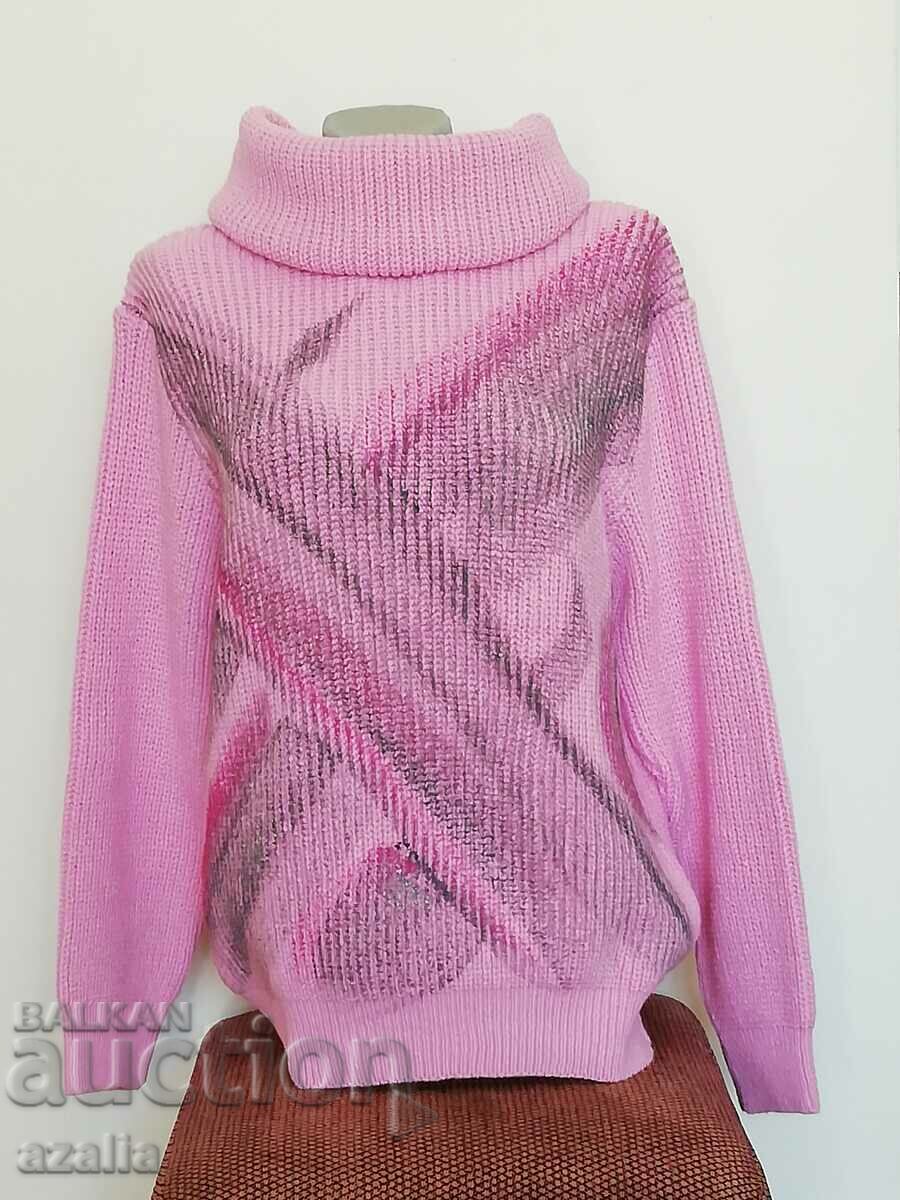 Pink warm blouse with polo collar, 50% mohair