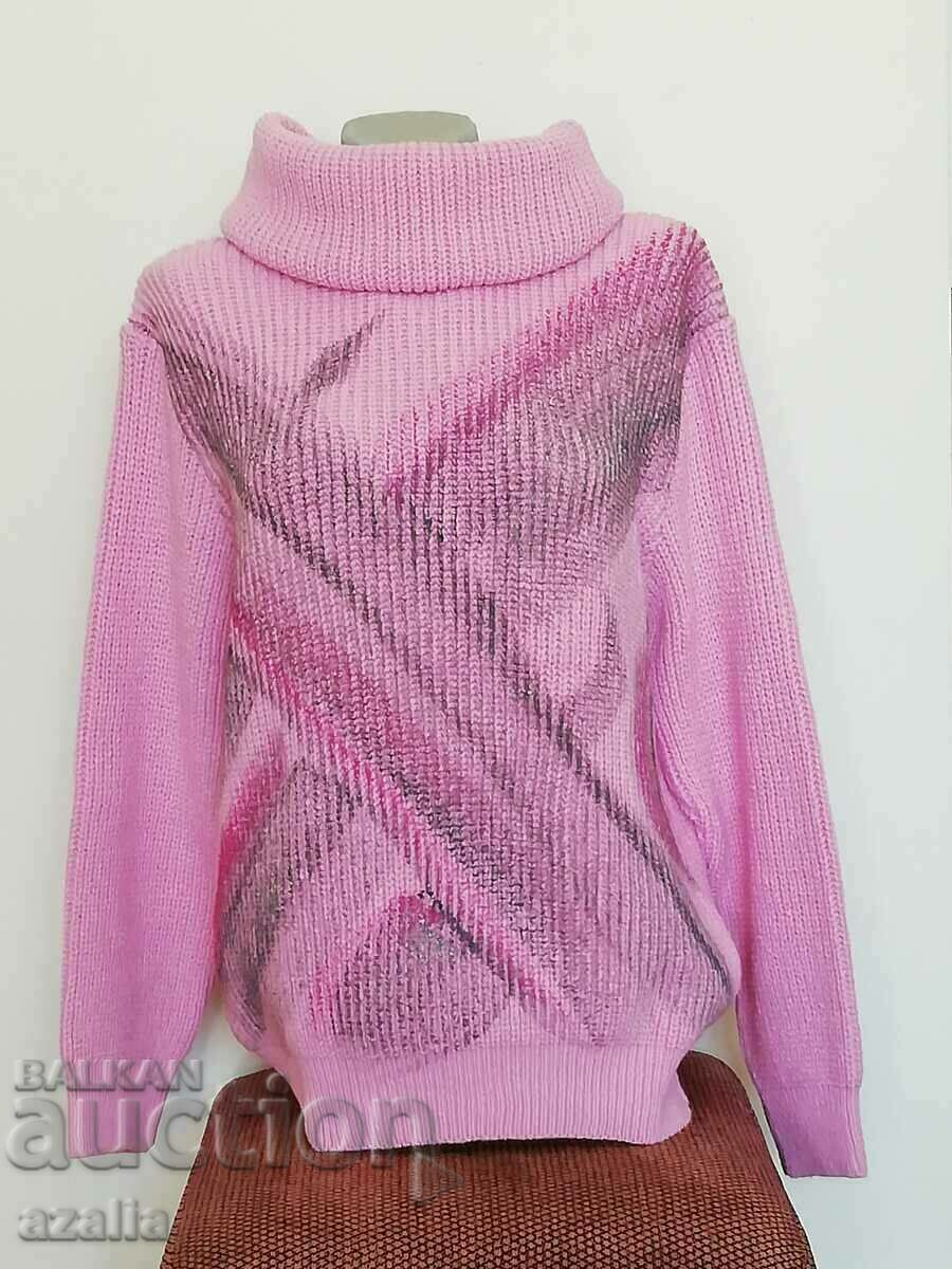 Pink warm blouse with polo collar, 50% mohair