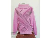 Pink warm blouse with polo collar, 50% mohair