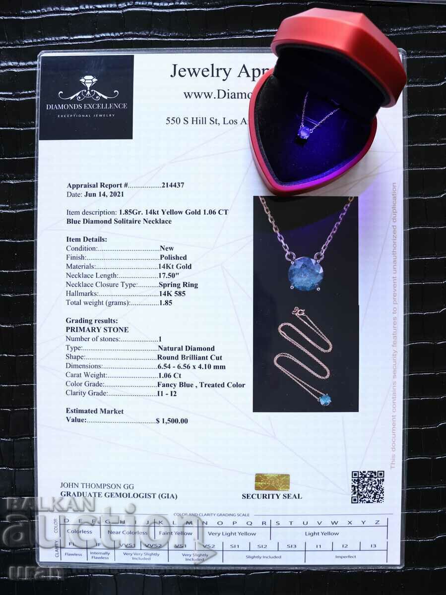 Auction  New Gold Necklace with 1.06ct Natural Blue Diamond