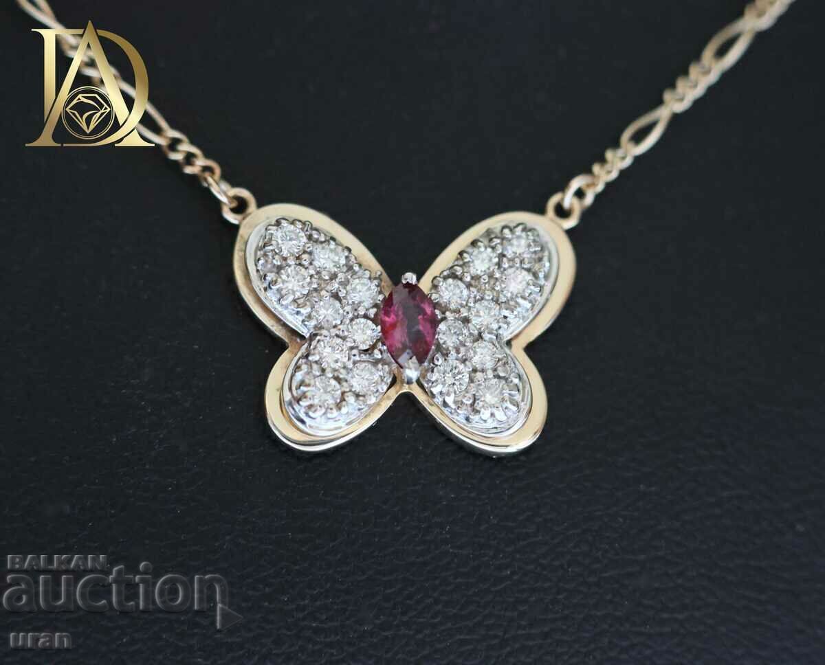 Colier nou fluture din aur cu rubin natural și diamante cu preț € 1250.00 | 2444.79 BGN Colier nou fluture din aur cu rubin natural și diamante cu preț € 1250.00 | 2444.79 BGN