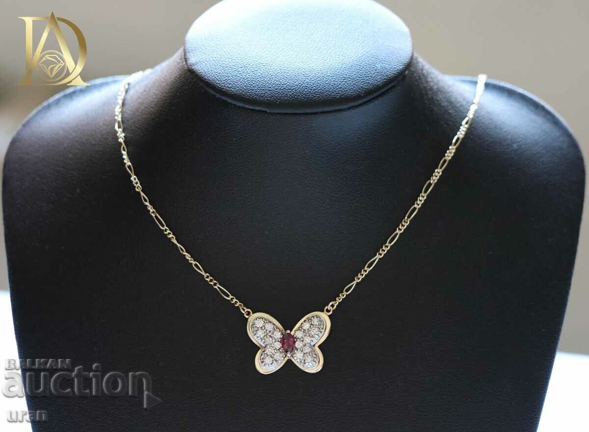 Colier nou fluture din aur cu rubin natural și diamante Colier nou fluture din aur cu rubin natural și diamante