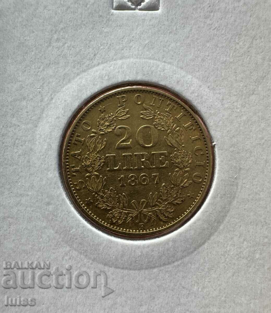 Vatican Gold Coin 20 Lira 1867 XXII, Pope Pius IX