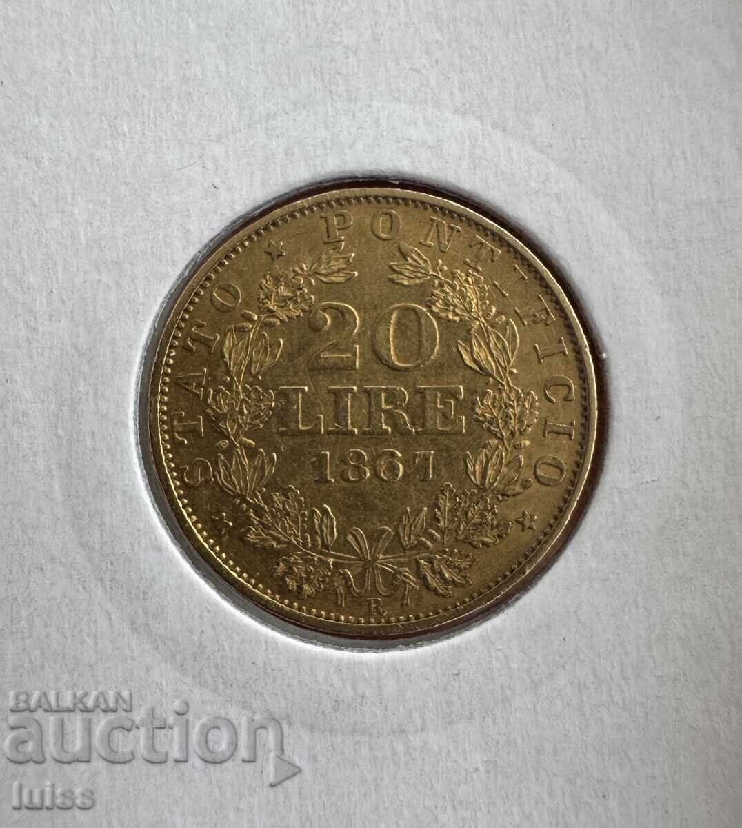 Vatican Gold Coin 20 Lira 1867 XXII, Pope Pius IX