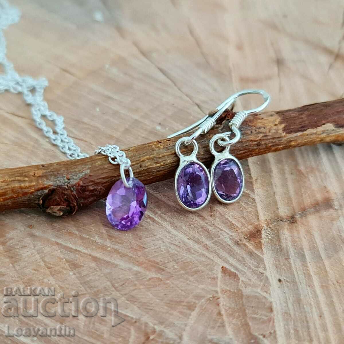 Silver necklace and earrings set with Amethyst