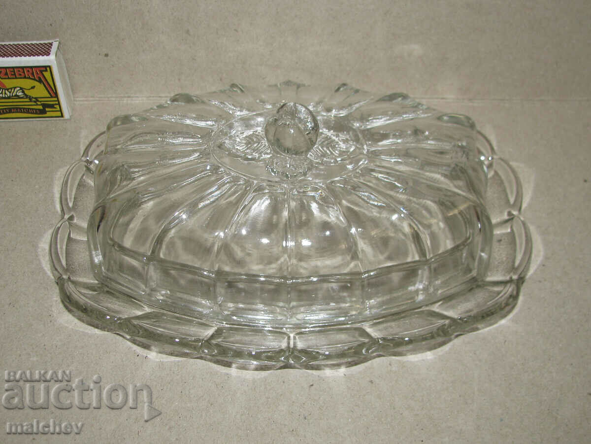 Antique English glass butter dish preserved