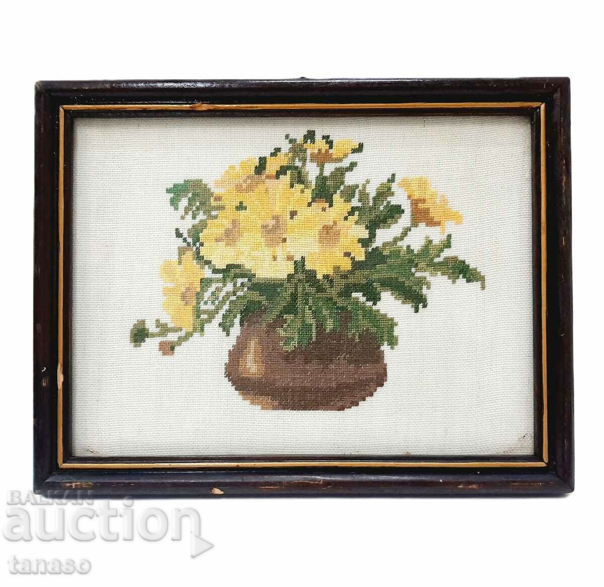 Tapiserie veche, broderie într-un cadru sub sticlă (3.3)