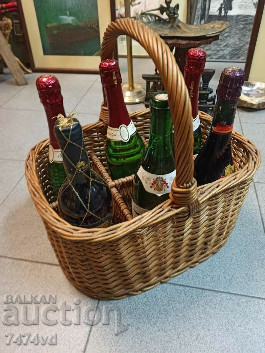 BASKET WITH BOTTLES OF WINE-CHAMPAGNE ETC