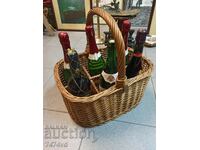 BASKET WITH BOTTLES OF WINE-CHAMPAGNE ETC